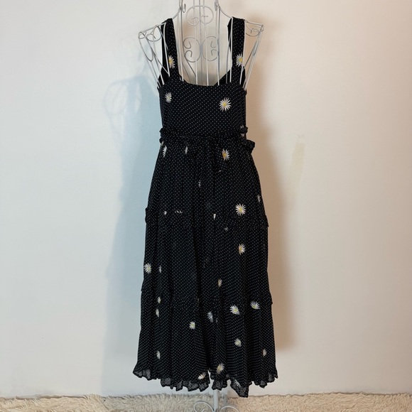 FREE PEOPLE DAISY CHAIN EMBROIDERY FLORAL A-LINE MIDI DRESS BLACK SZ XS BUTTONS - Picture 7 of 13